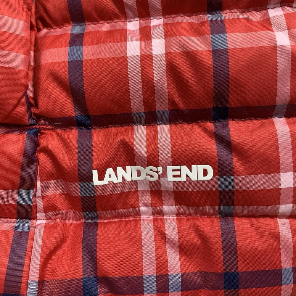 Lands End Womens Down Puffer Vest Large Red Plaid Quilted Zip Up Snap Pockets - Picture 4 of 10